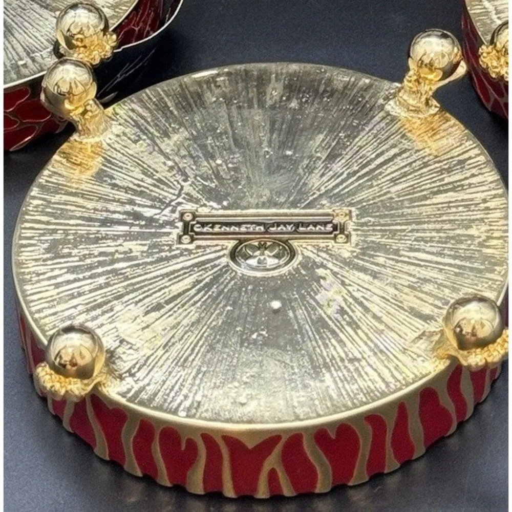 Kenneth Jay Lane Set 3 Red Enamel Gold Coasters Trinket Dishes W Boxes KJL Heavy